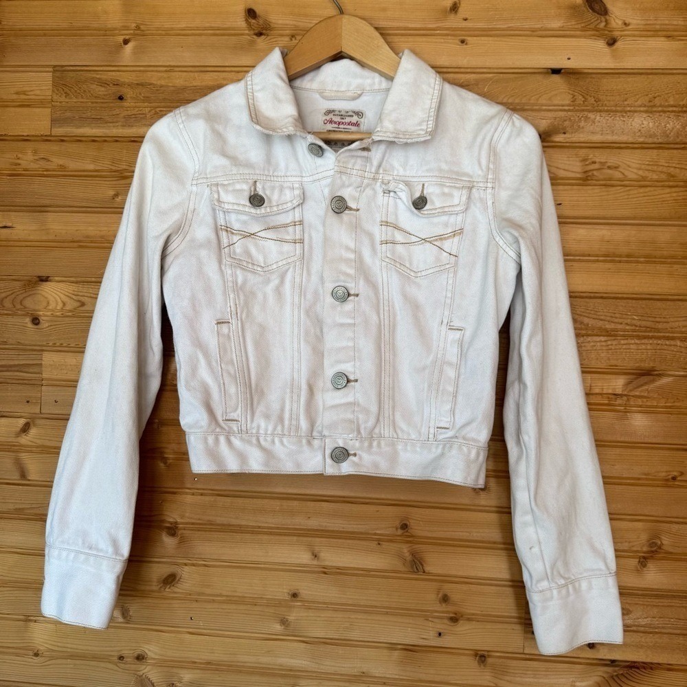 Aeropostale Denim Jacket Cream Crop Women's Sz Medium Scandi Timeless Preppy